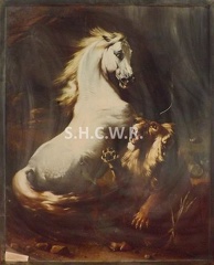 Le combat féroce du cheval cabré et du lion rugissant